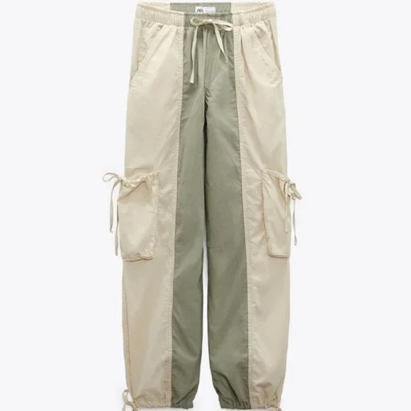 Zara Colorblocked Parachute Pants Tan Army Green Tie Waist - Picture 1 of 5